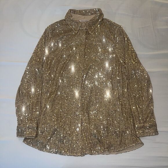 Soft Surroundings Sancerre Sequin Shirt Gold Button Up Petite Large 3GB2650802 - Picture 7 of 13